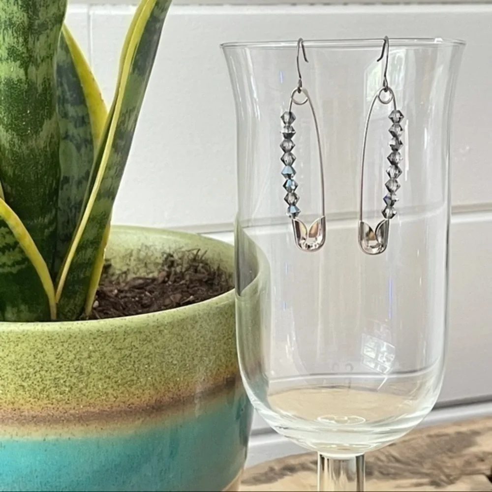 Handmade Grey Swarovski Crystal Safety Pin Earrings Industrial Upcycle Bling